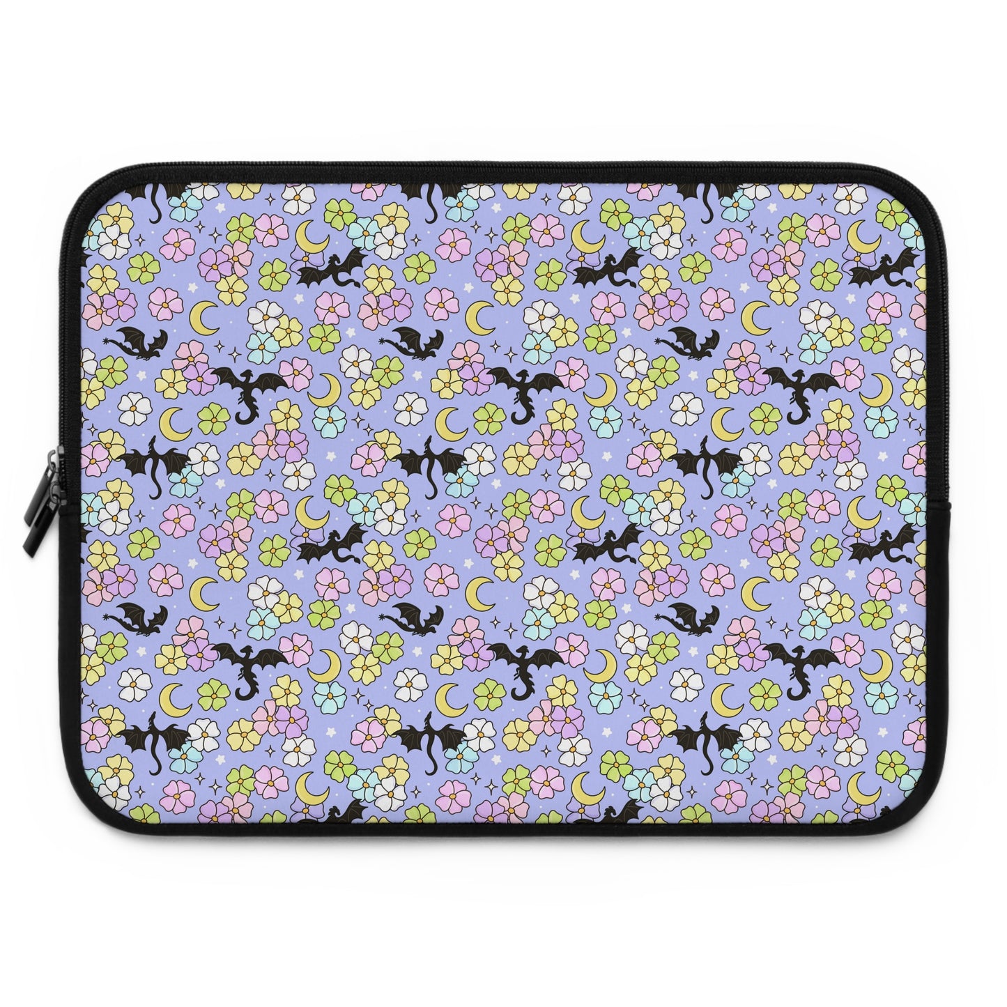 Dragon and Florals Fantasy Reader Laptop Sleeve | Pastel Flowers, Crescent Moons
