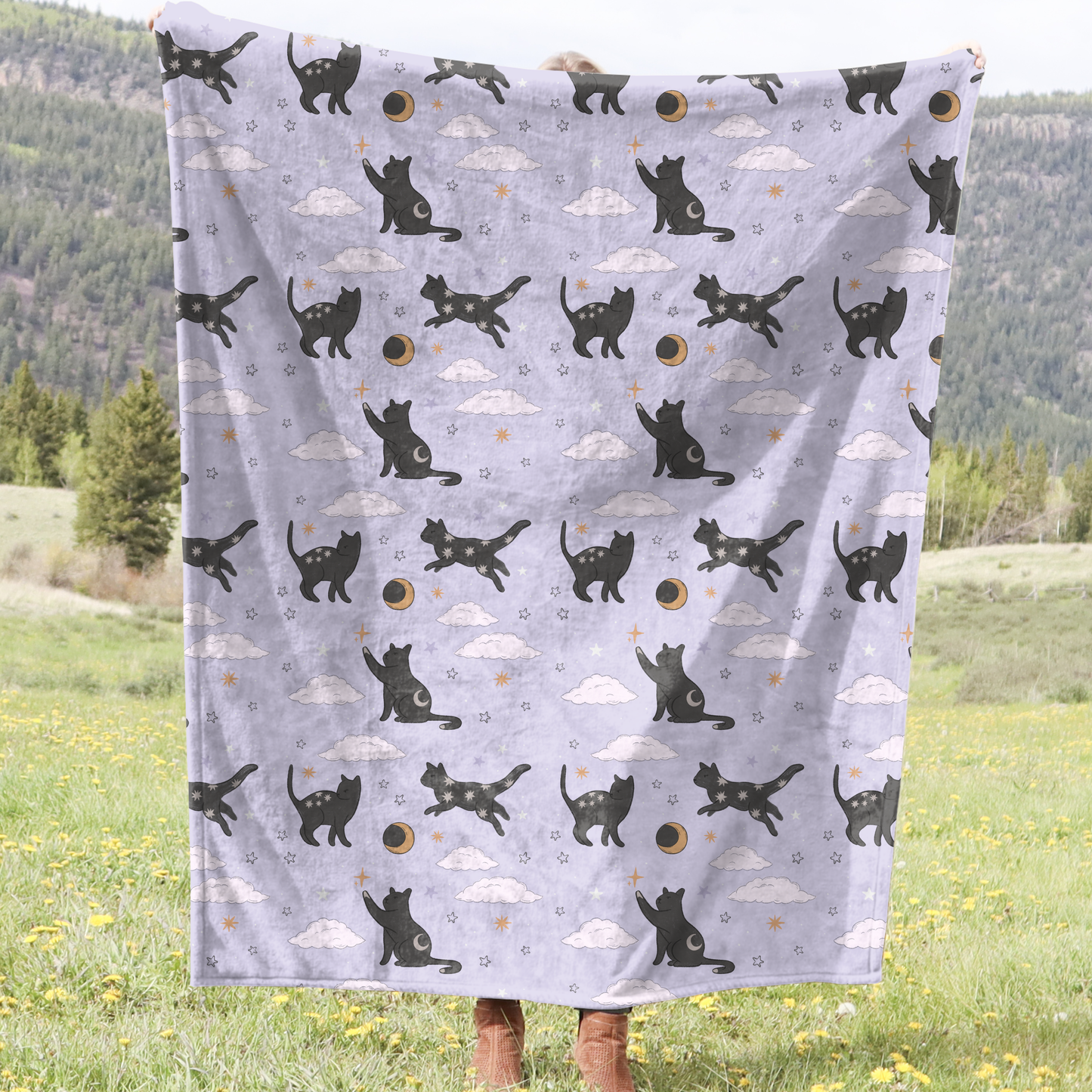 Lunar Cats Celestial Throw Blanket