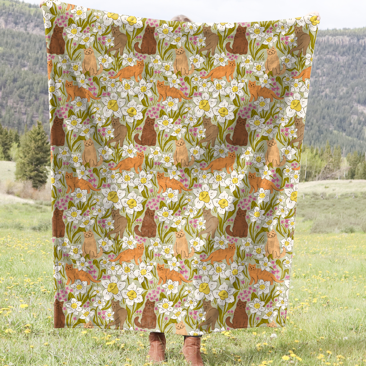 Vintage Cat Garden Plush Throw Blanket