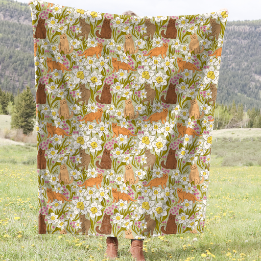 Vintage Cat Garden Plush Throw Blanket