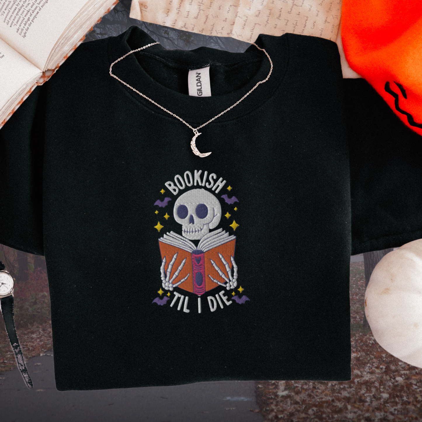 Bookish Till I Die Embroidered Halloween Reader Sweatshirt