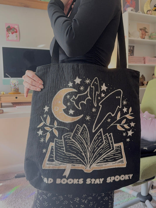 Read Books Stay Spooky - Halloween Bookish Woven Tote Bag