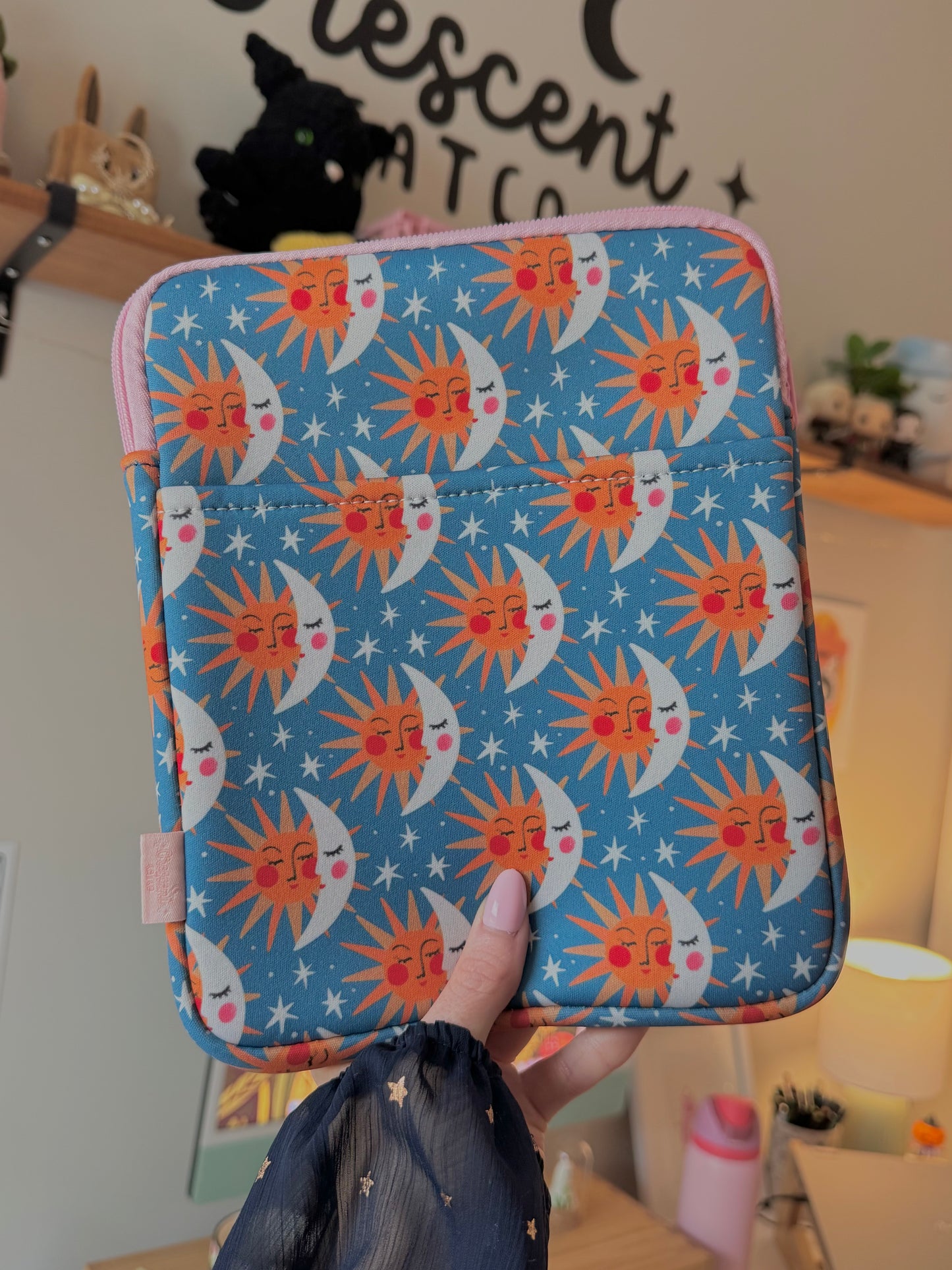 Celestial Sun & Moon Book & Kindle Pouch, Medium E-Reader Zip up Book Sleeve
