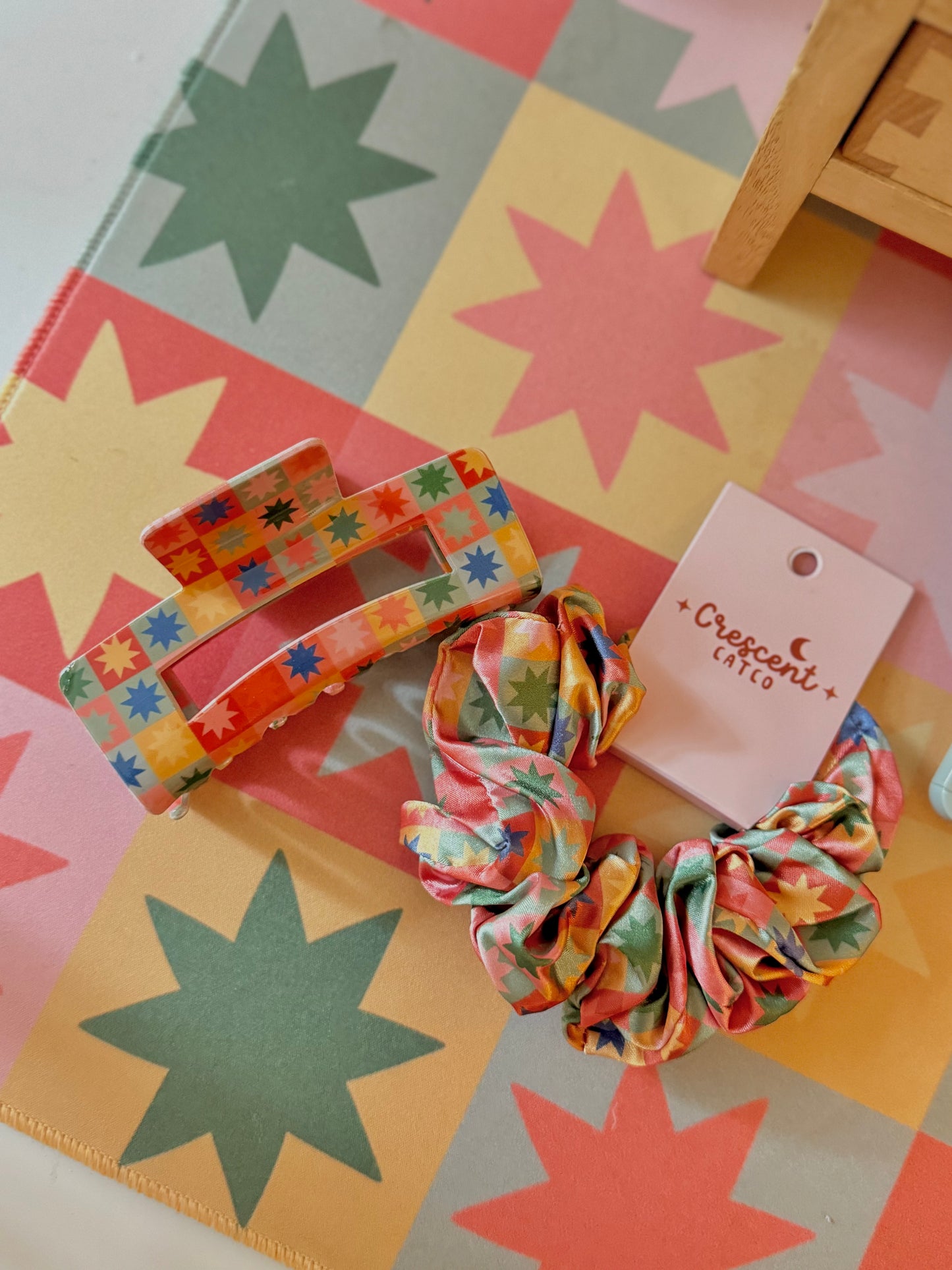 Retro Patchwork Satin Scrunchie & Claw Clip