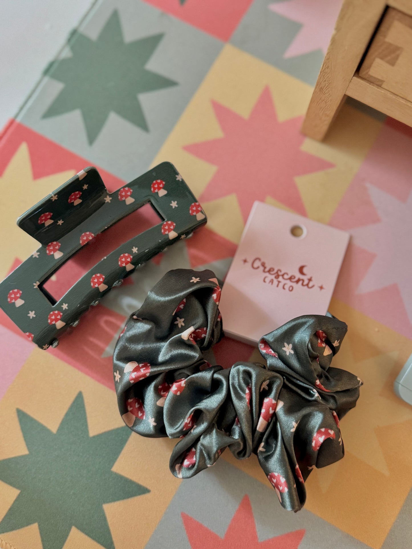 Mushroom Meadows Satin Scrunchie & Claw Clip