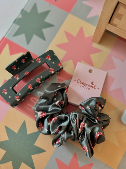 Mushroom Meadows Satin Scrunchie & Claw Clip