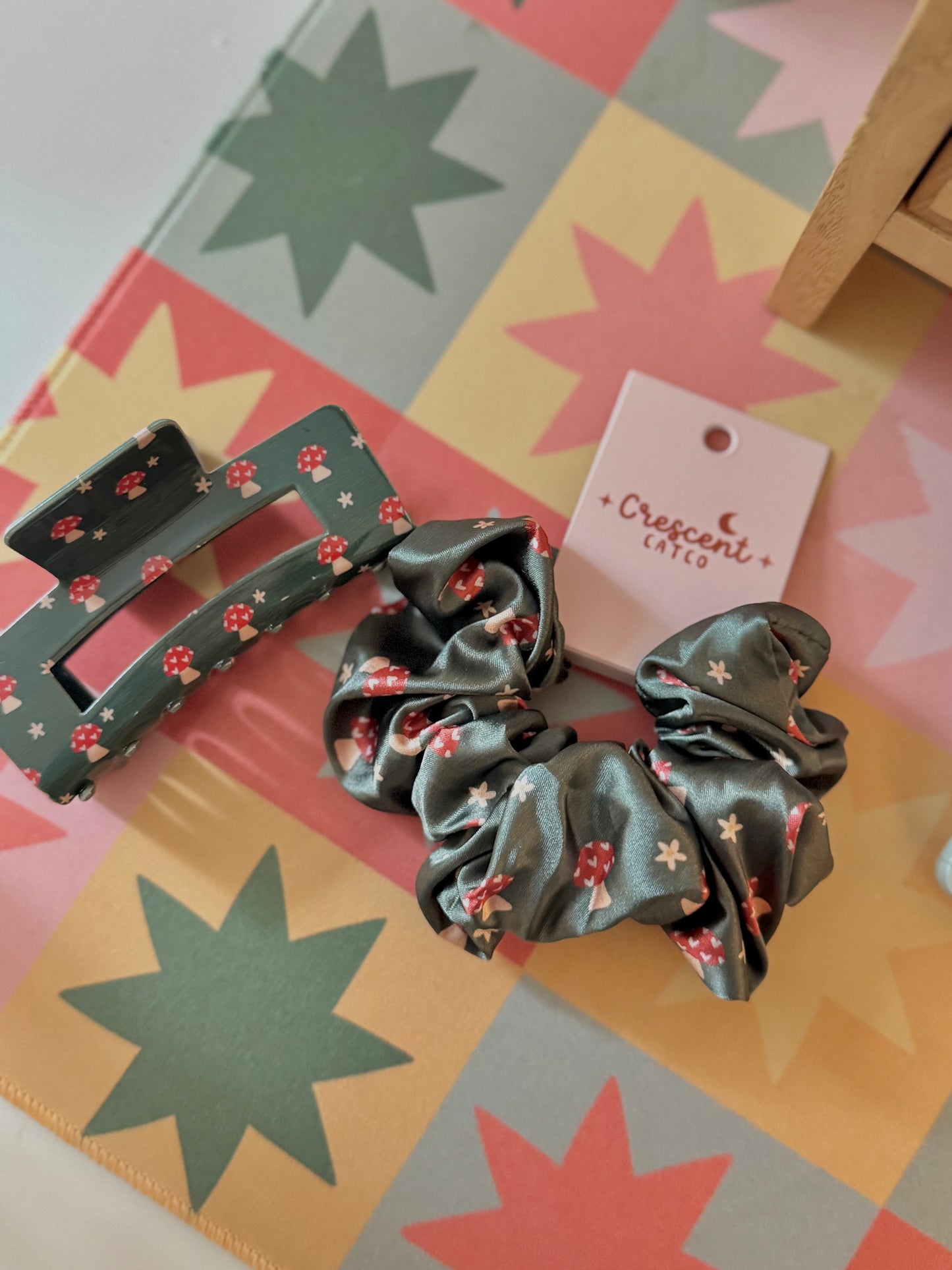 Mushroom Meadows Satin Scrunchie & Claw Clip