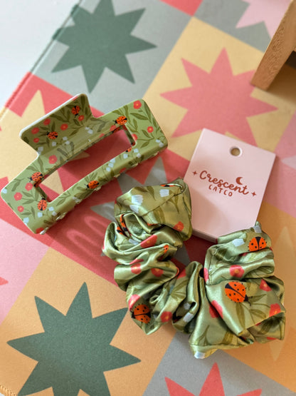 Lady Bug Garden Satin Scrunchie & Claw Clip