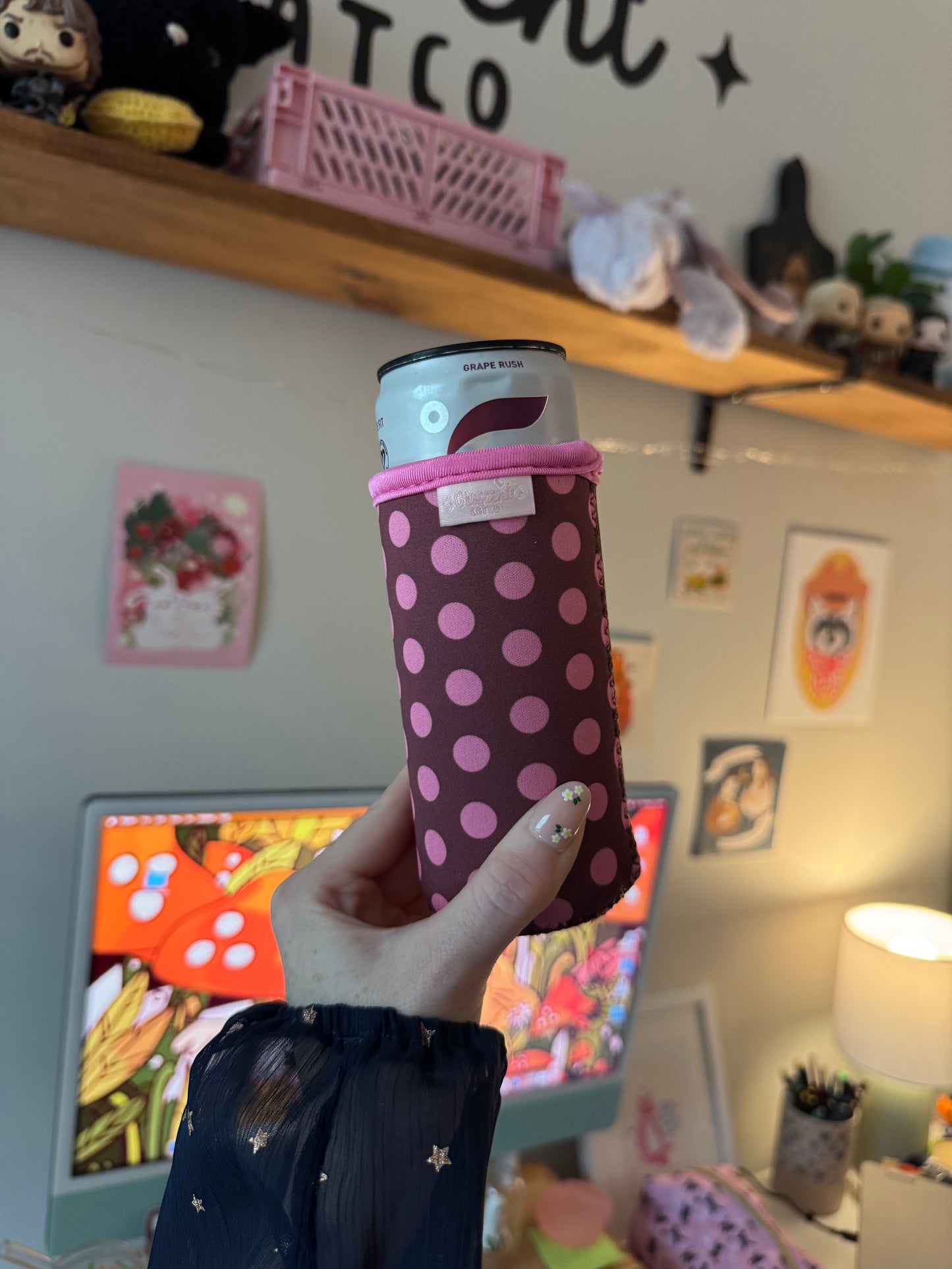 Pink & Brown Polka Dots Slim Can Sleeve