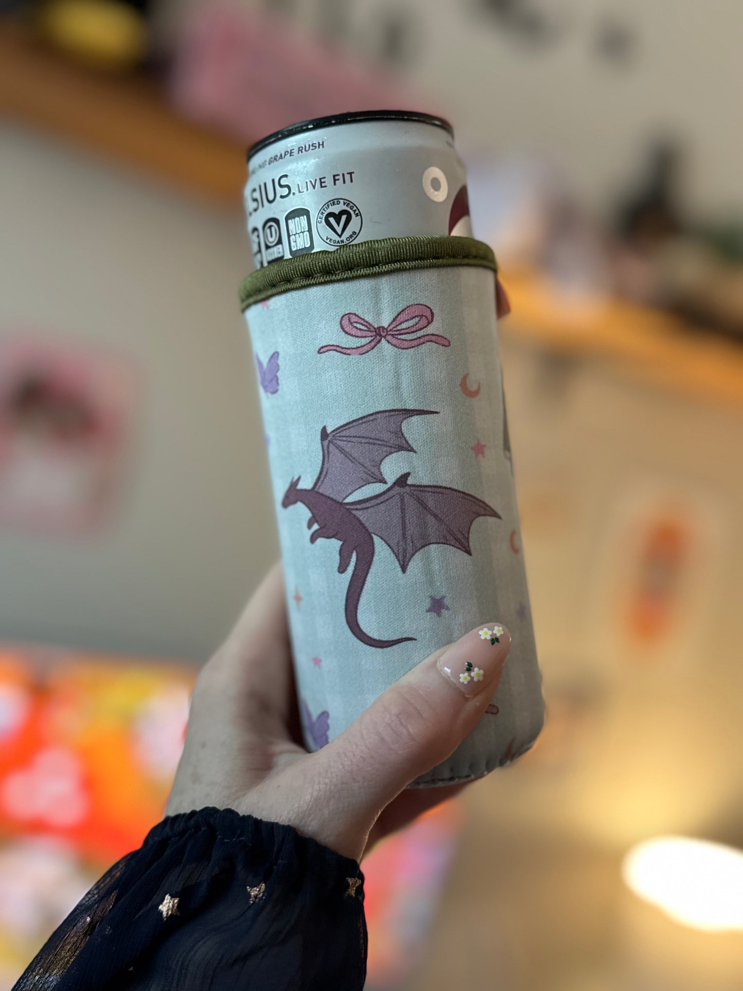 Gingham Romantasy Dragon Slim Can Sleeve