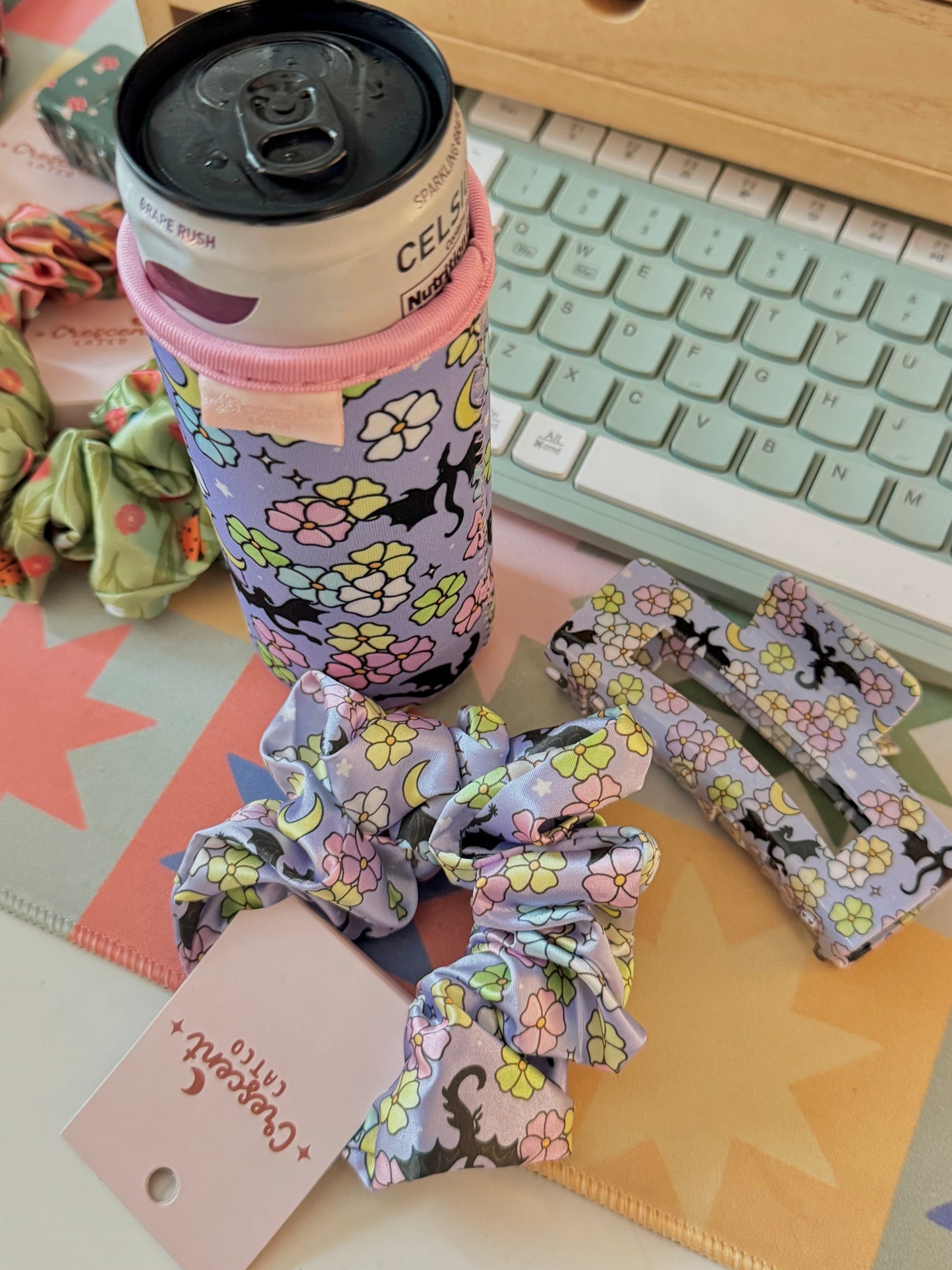 Whimsy Dragons & Florals Satin Scrunchie & Claw Clip