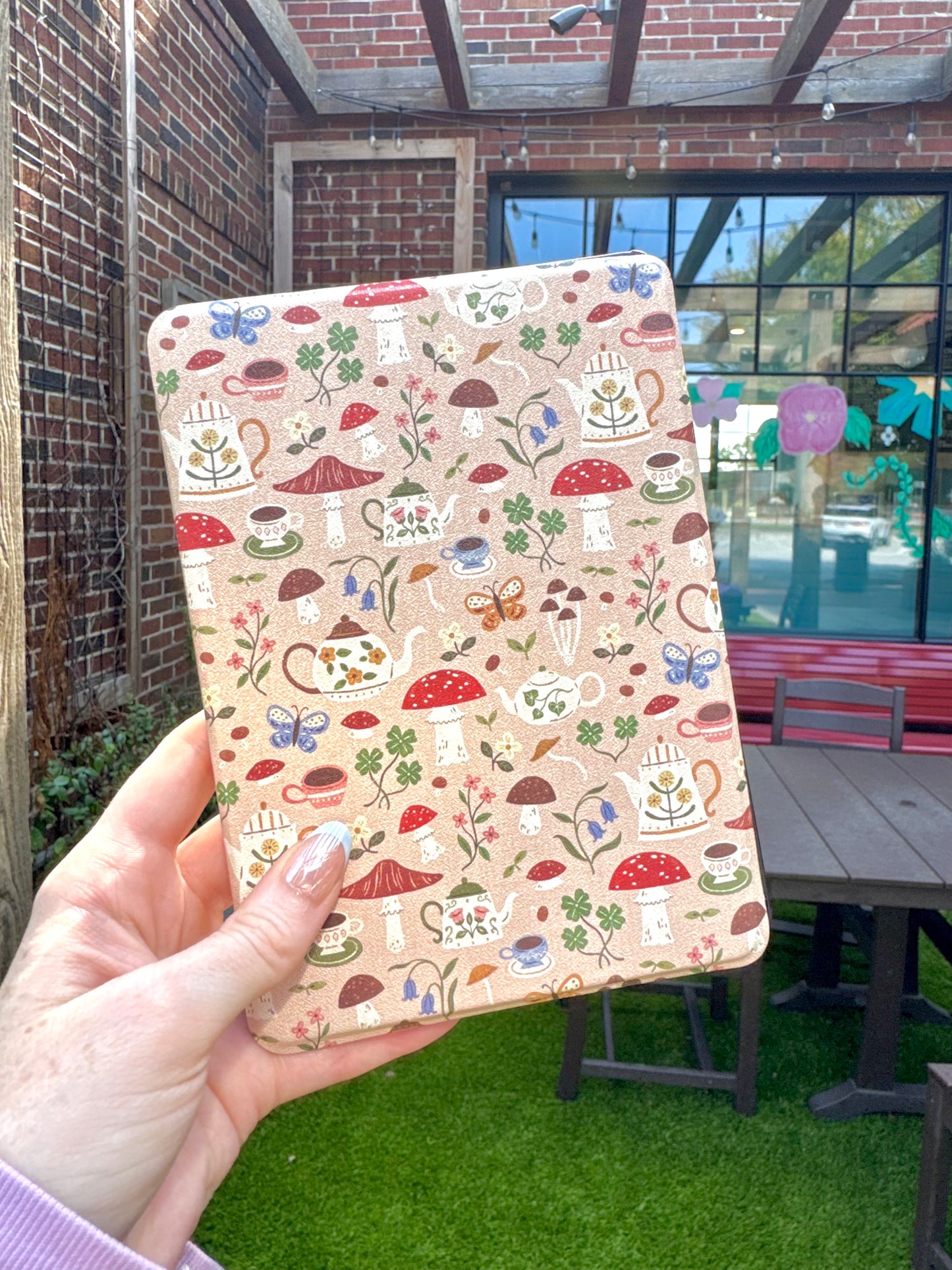 MushroomTea Party Kindle Case with Hand Strap, Auto Wake and Magnetic Back