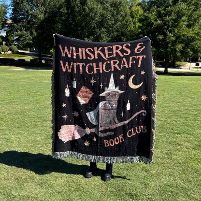 Whiskers & Witchcraft Woven Blanket | Cat Witch Spellbook Broom