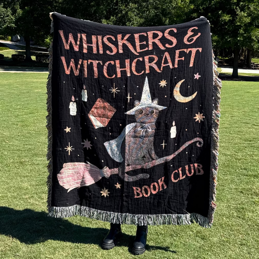 Whiskers & Witchcraft Woven Blanket | Cat Witch Spellbook Broom