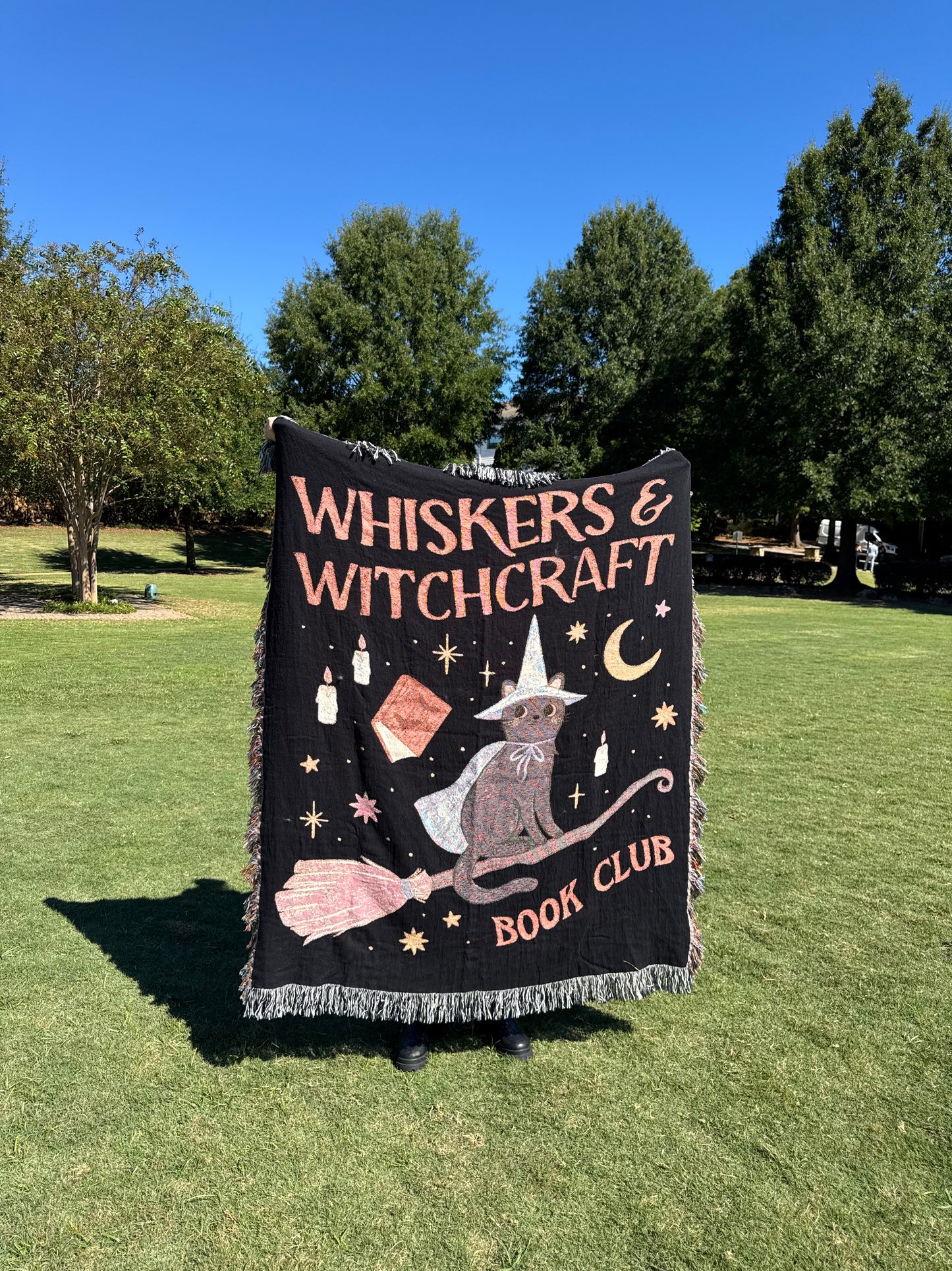 Whiskers & Witchcraft Woven Blanket | Cat Witch Spellbook Broom
