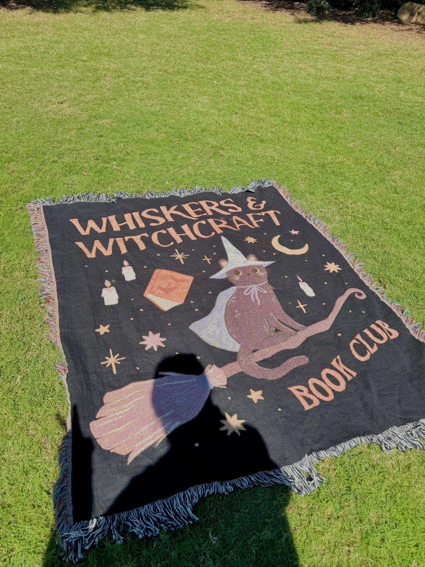 Whiskers & Witchcraft Woven Blanket | Cat Witch Spellbook Broom