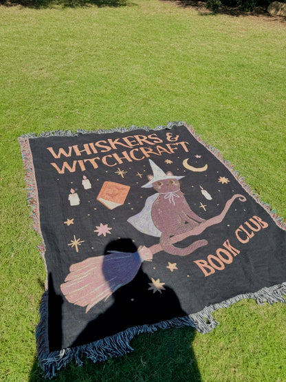 Whiskers & Witchcraft Woven Blanket | Cat Witch Spellbook Broom