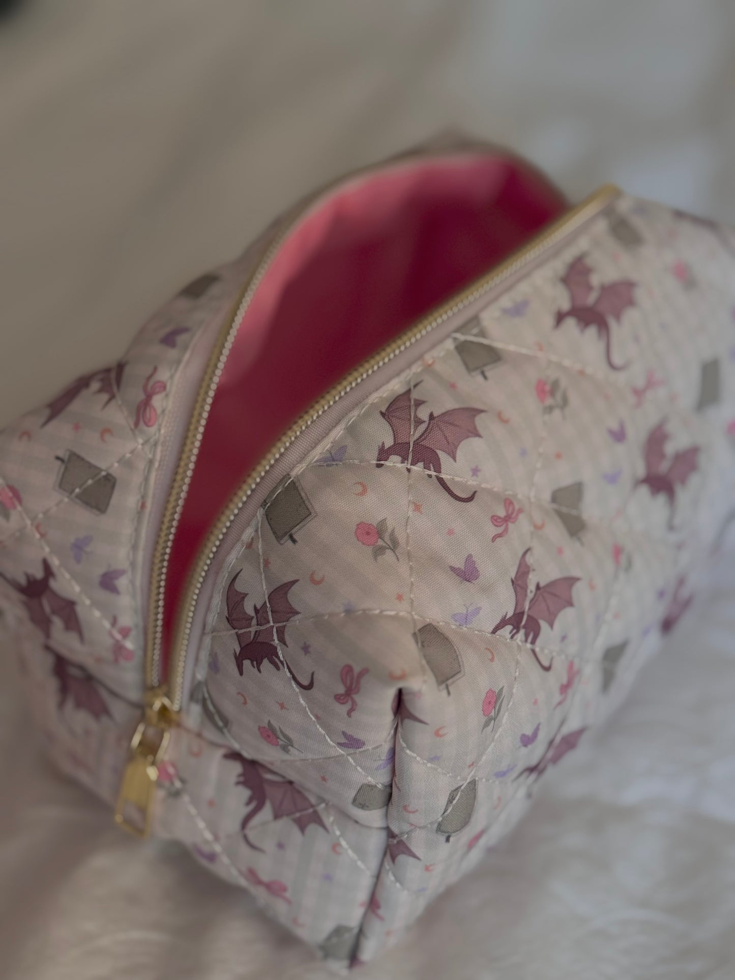 Fantasy Reader Gingham Dragon Quilted Makeup Pouch