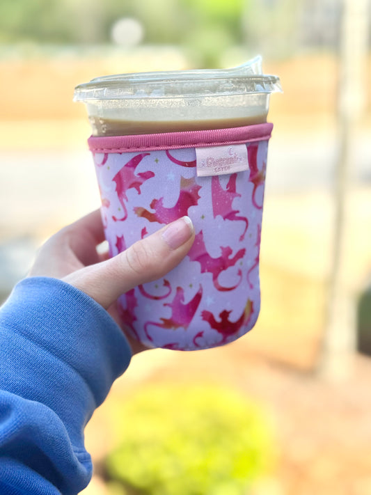 Pink Dragon Rider Iced Coffee Sleeve, Bookish Drink Accessories
