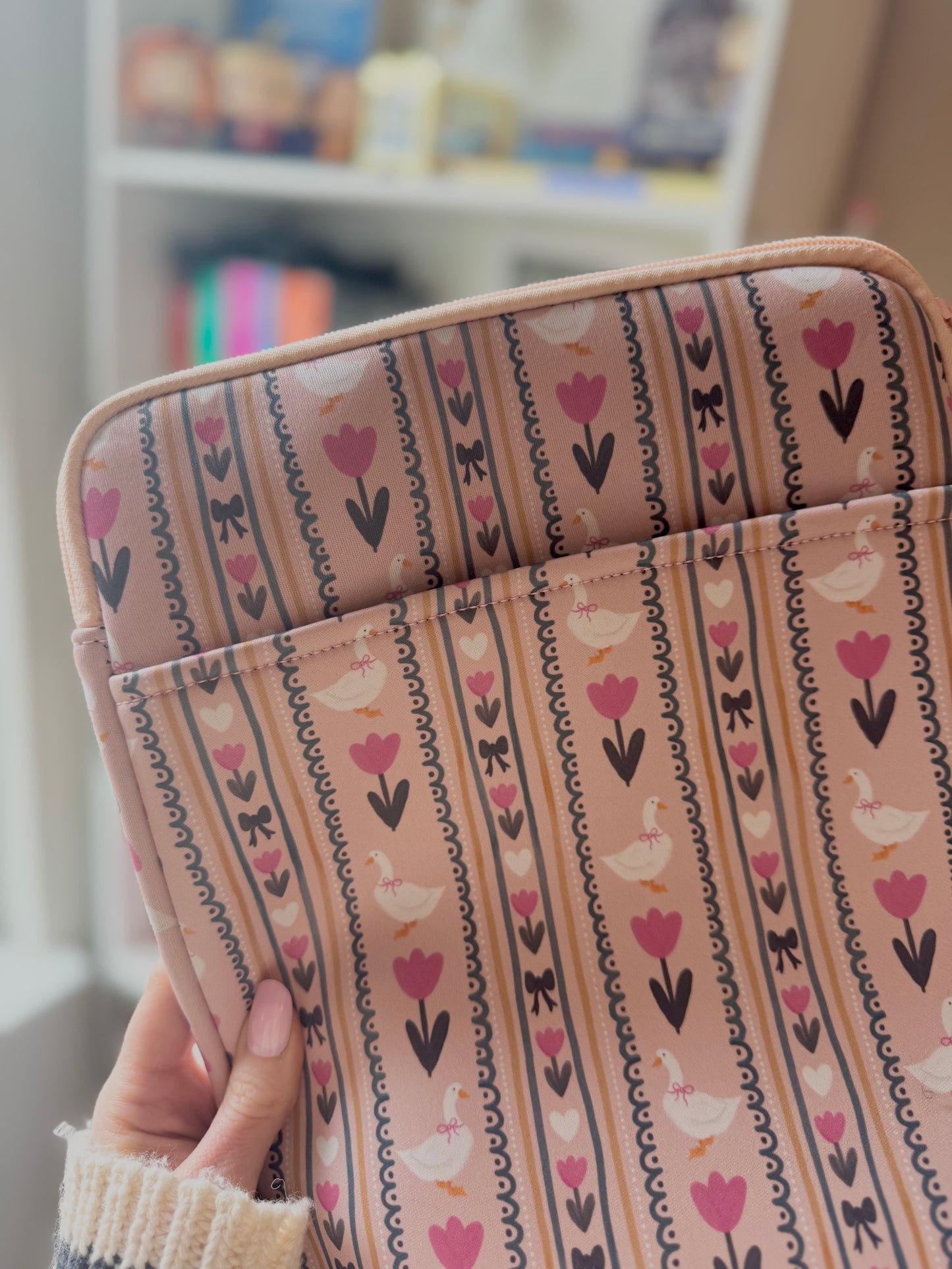 Large Padded Book Sleeve with Zipper, Cute Coquette Goose Reading Pouch