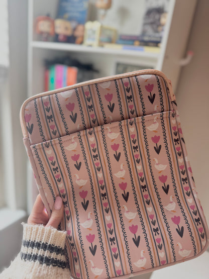 Large Padded Book Sleeve with Zipper, Cute Coquette Goose Reading Pouch