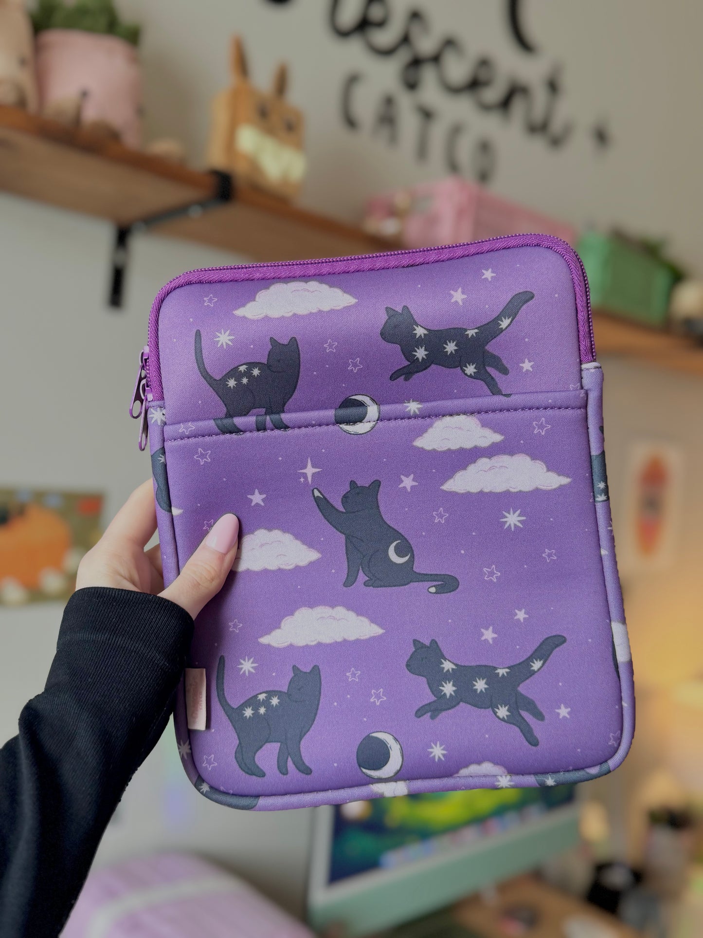 Lunar Cats Book & Kindle Pouch, Medium E-Reader Zip up Book Sleeve