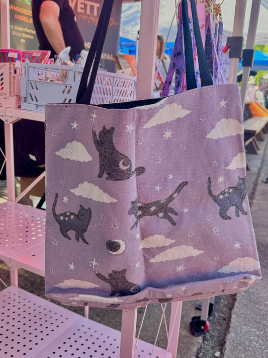 Lunar Cats Whimsical Woven Tote Bag, Witchy Black Cat Lover