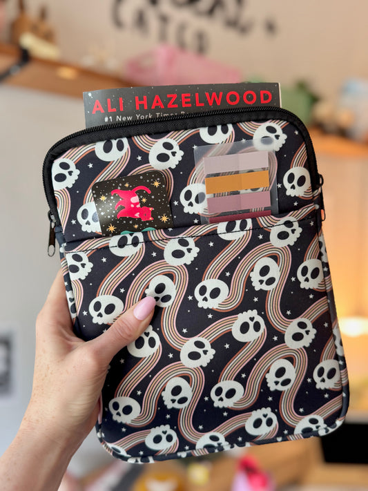 Spooky Cute Retro Skull Book & Kindle Pouch, Zipper & Front Pocket ( Medium)