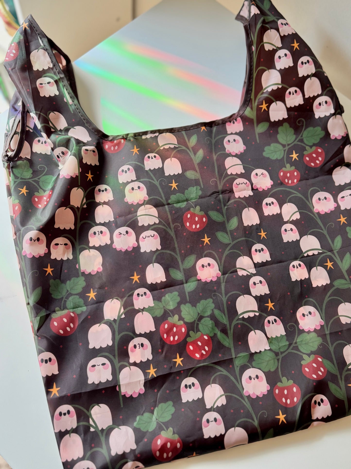 Ghosts & Strawberries Spooky cute Reusable Shopping Bag, Fold Up Pouch