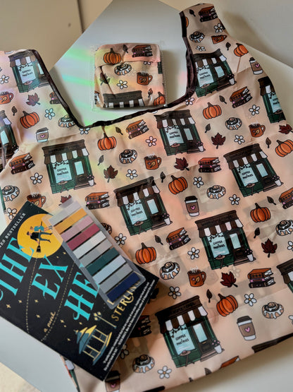 Cozy Cinnamon Roll Bookshop Reusable Shopping Bag, Fold Up Pouch