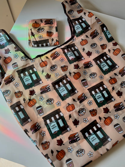 Cozy Cinnamon Roll Bookshop Reusable Shopping Bag, Fold Up Pouch