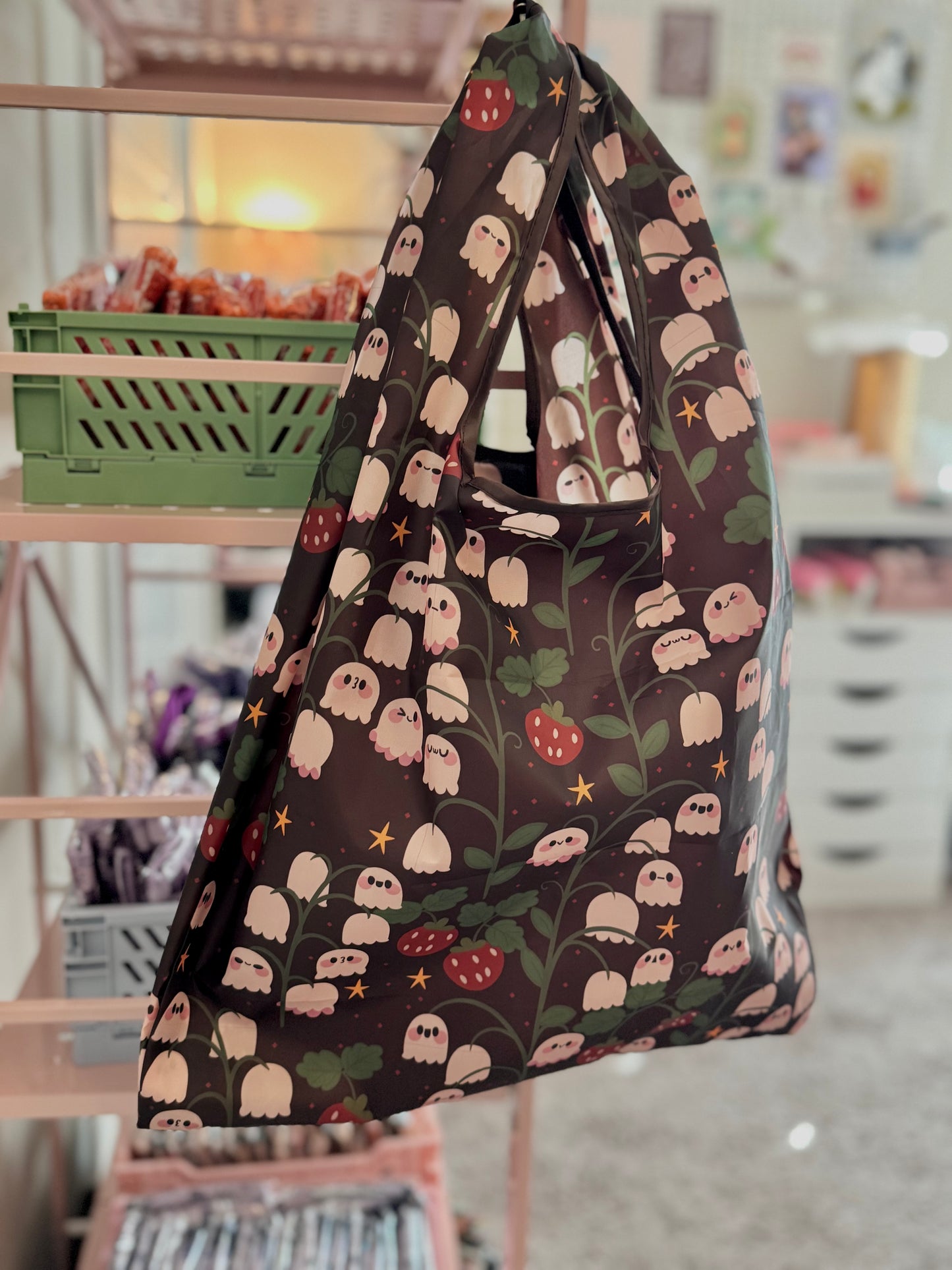 Ghosts & Strawberries Spooky cute Reusable Shopping Bag, Fold Up Pouch