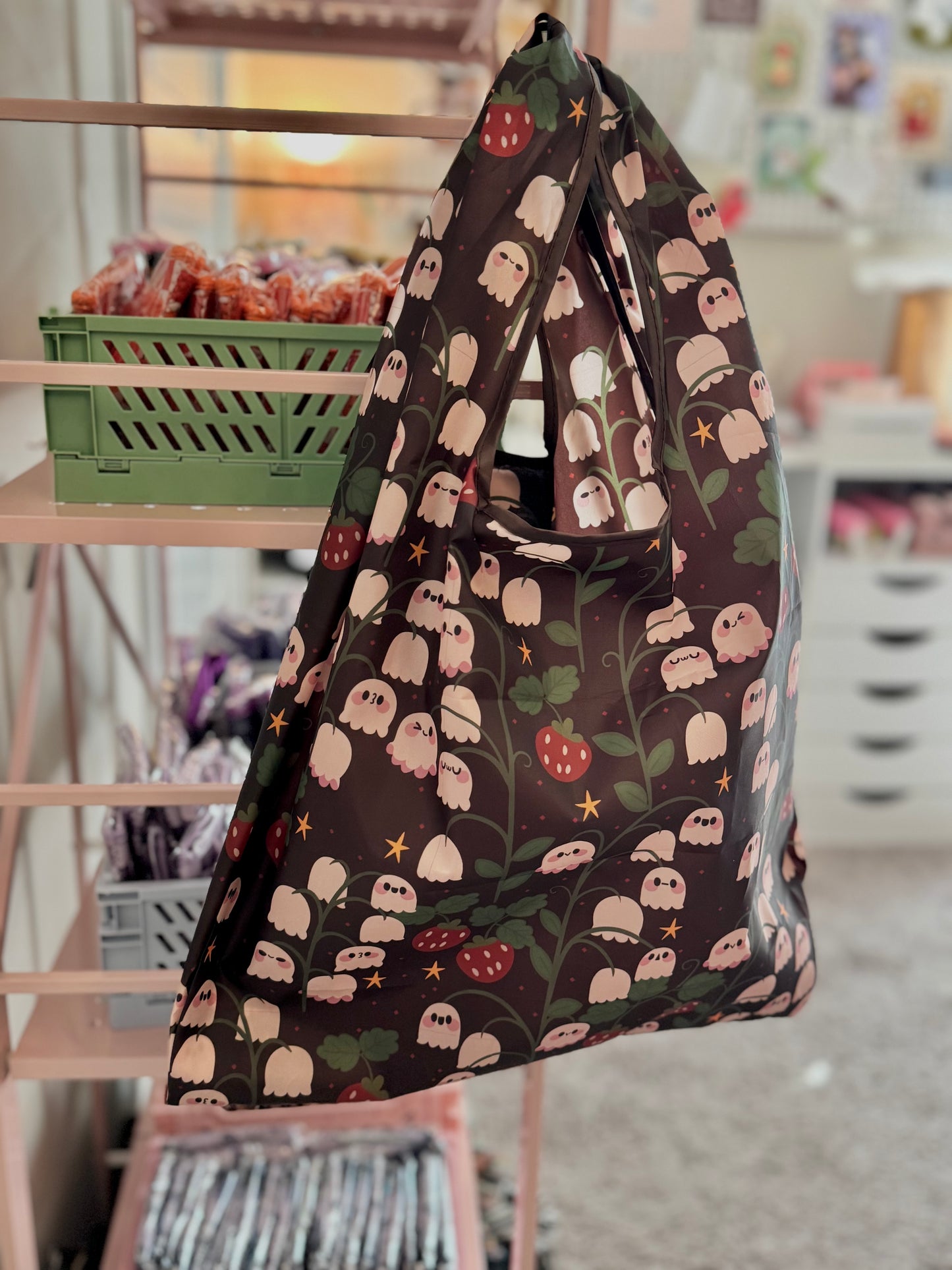 Ghosts & Strawberries Spooky cute Reusable Shopping Bag, Fold Up Pouch
