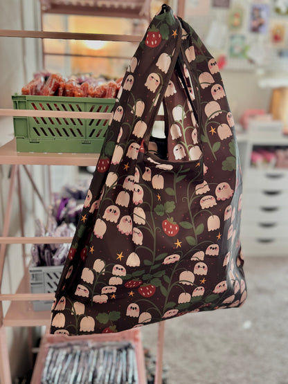 Ghosts & Strawberries Spooky cute Reusable Shopping Bag, Fold Up Pouch