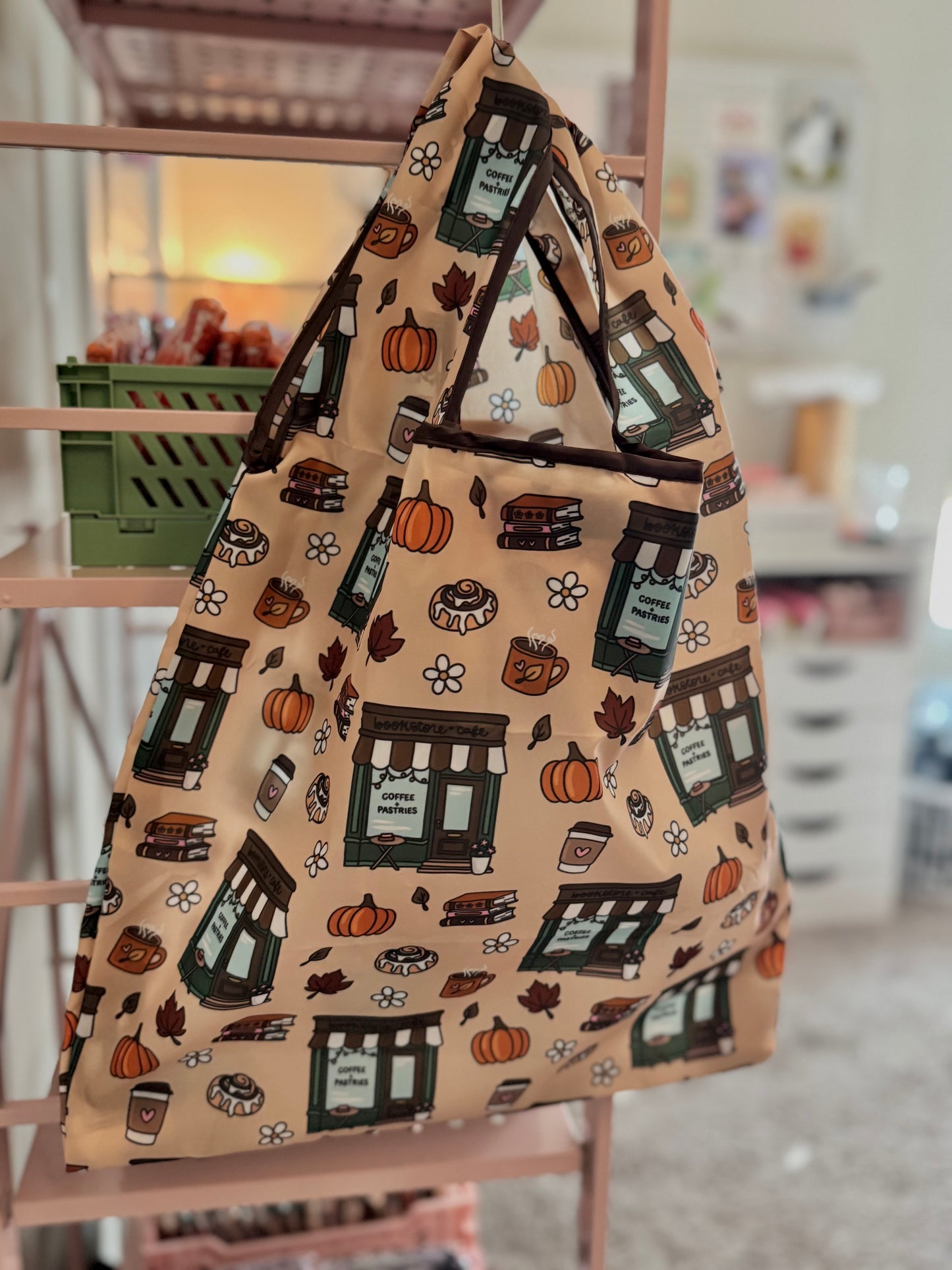 Cozy Cinnamon Roll Bookshop Reusable Shopping Bag, Fold Up Pouch