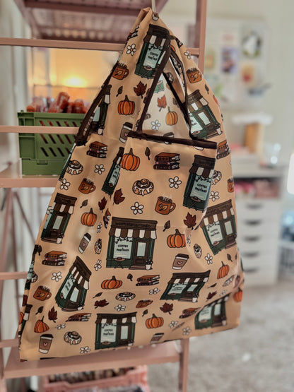 Cozy Cinnamon Roll Bookshop Reusable Shopping Bag, Fold Up Pouch