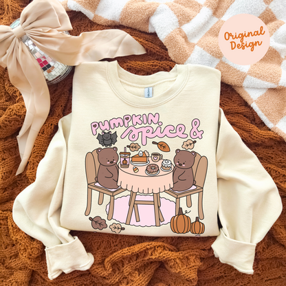 Pumpkin Spice and Cozy Mornings Fall Sweatshirt, Autumn Lover Crewneck, PSL Teddy Bears and Pumpkins