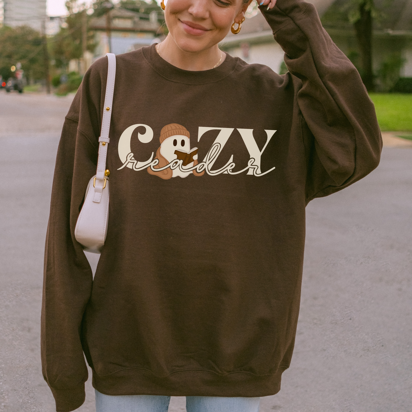 Cozy Reader Ghostie Crewneck, Spooky Cute Bookish Fall Sweatshirt