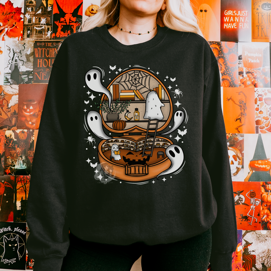 Spooky Cute Ghost Library Bookish Halloween Crewneck