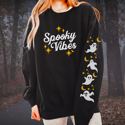 Spooky Vibes Halloween Lover Sweatshirt with Ghost Sleeve Design