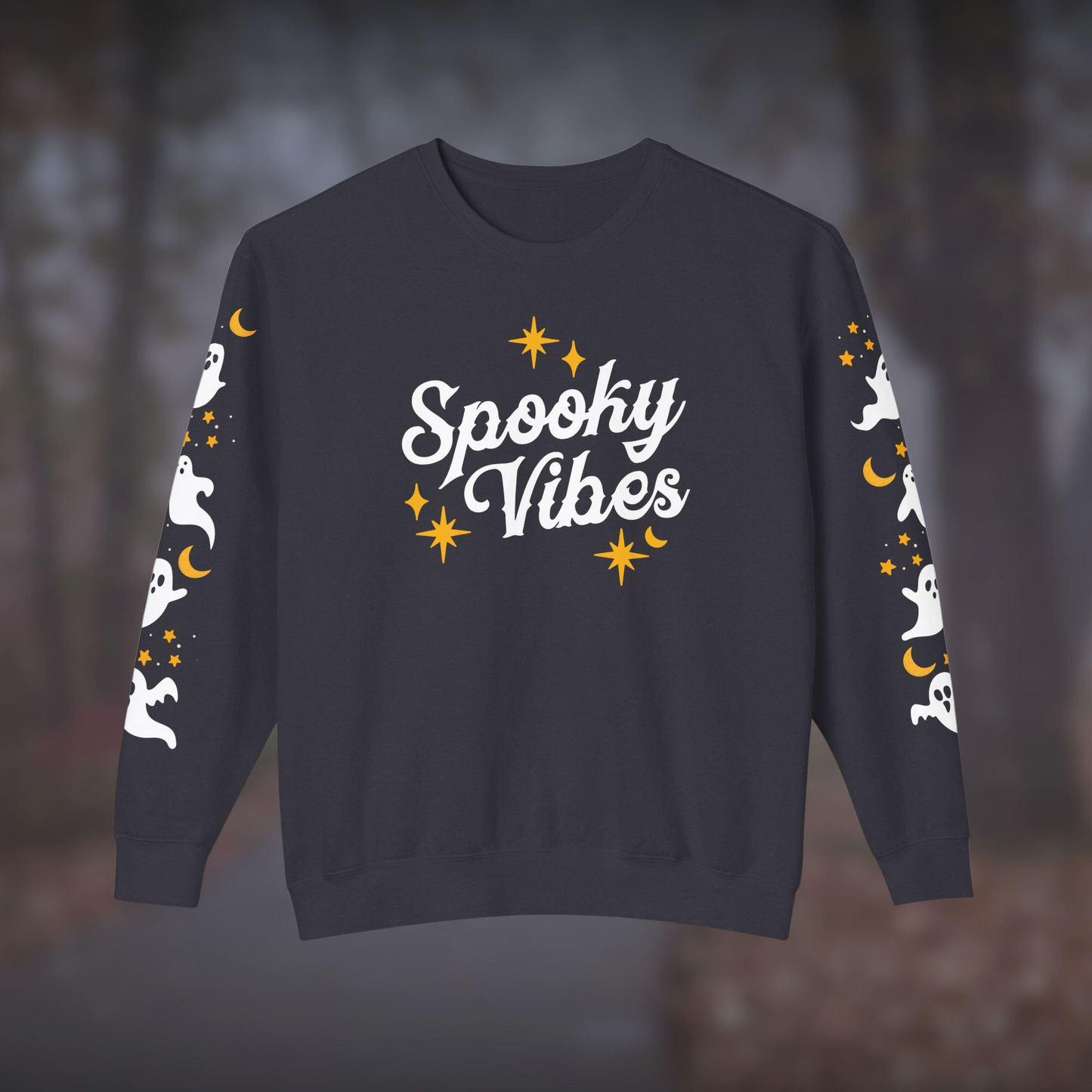 Spooky Vibes Halloween Lover Sweatshirt with Ghost Sleeve Design