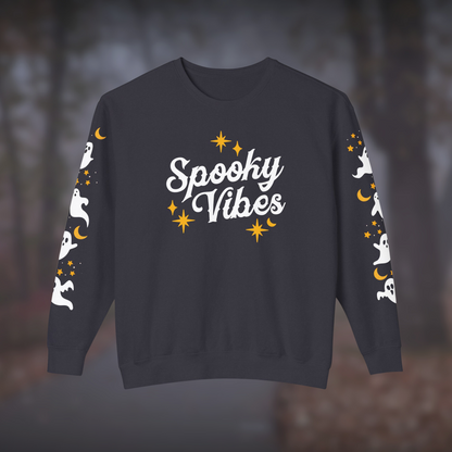 Spooky Vibes Halloween Lover Sweatshirt with Ghost Sleeve Design