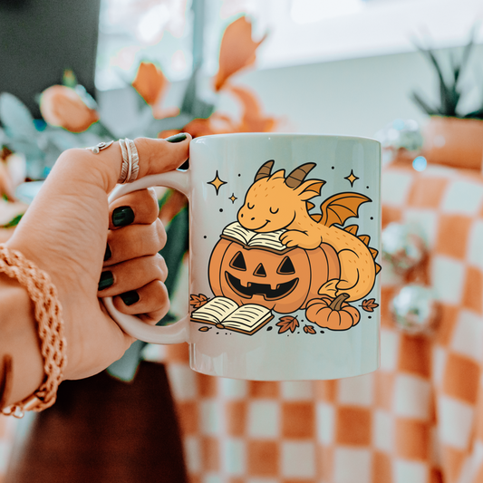 Dragon Dreams Cozy Fall Bookish Mug, Fantasy Reader Coffee Cup, Autumn Reading Vibes, Dragon Lover Gift, Bookworm, Romnatasy