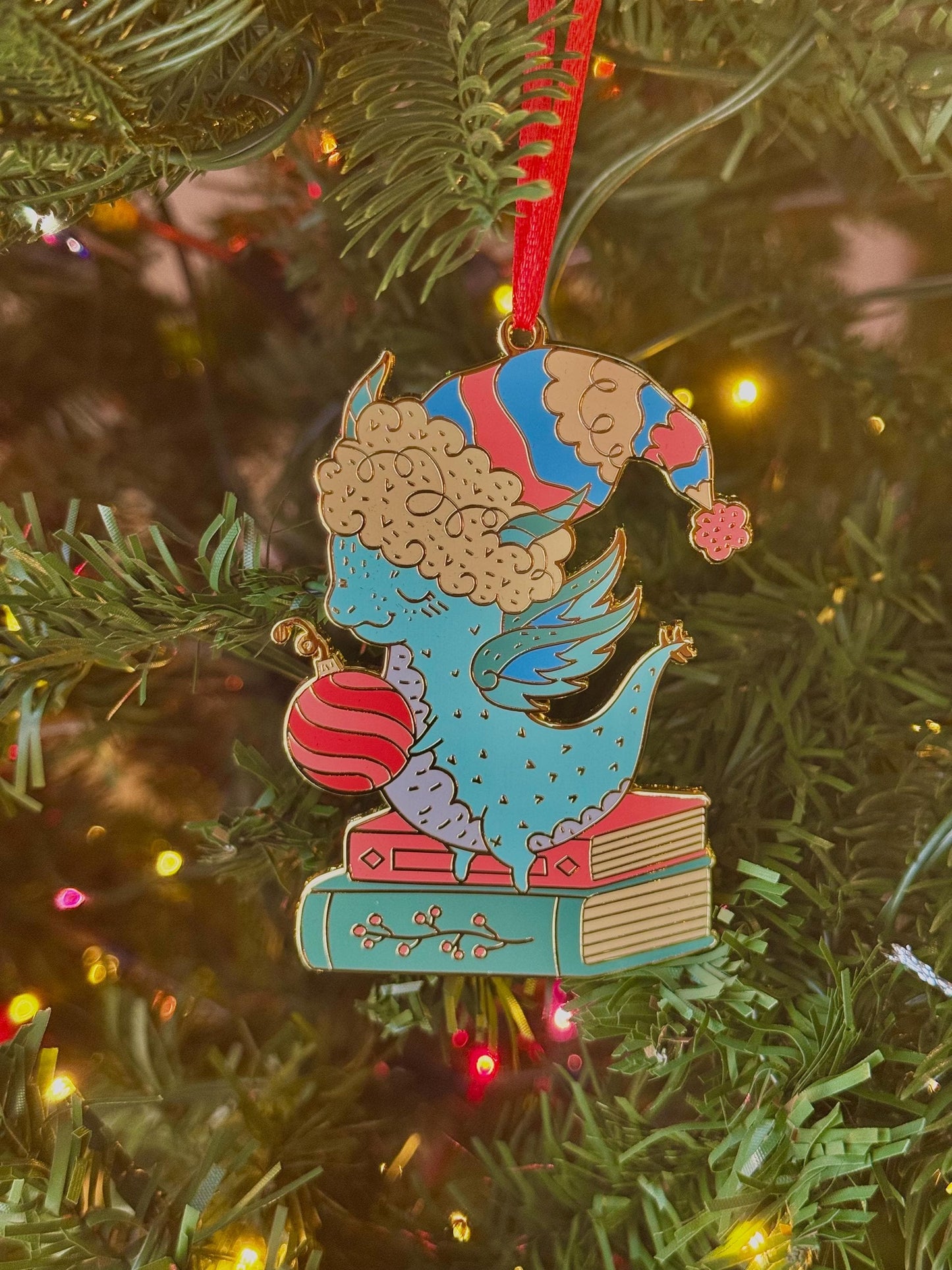 Bookish Dragon Christmas Tree Ornament, Gold Plated Enamel with gift box, Fantasy Reader Christmas Gifts, Holiday Stocking Stuffer