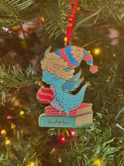 Bookish Dragon Christmas Tree Ornament, Gold Plated Enamel with gift box, Fantasy Reader Christmas Gifts, Holiday Stocking Stuffer