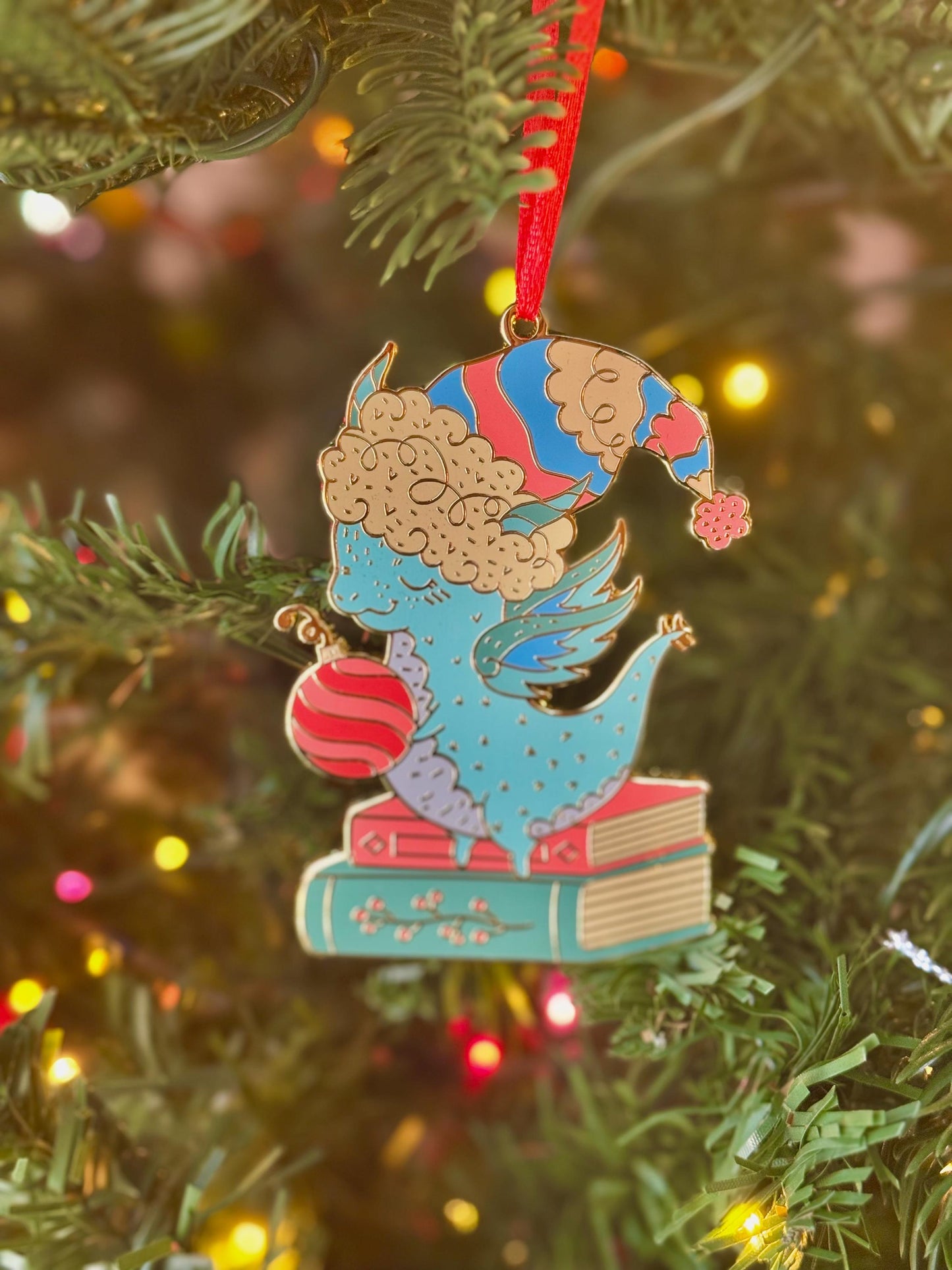 Bookish Dragon Christmas Tree Ornament, Gold Plated Enamel with gift box, Fantasy Reader Christmas Gifts, Holiday Stocking Stuffer