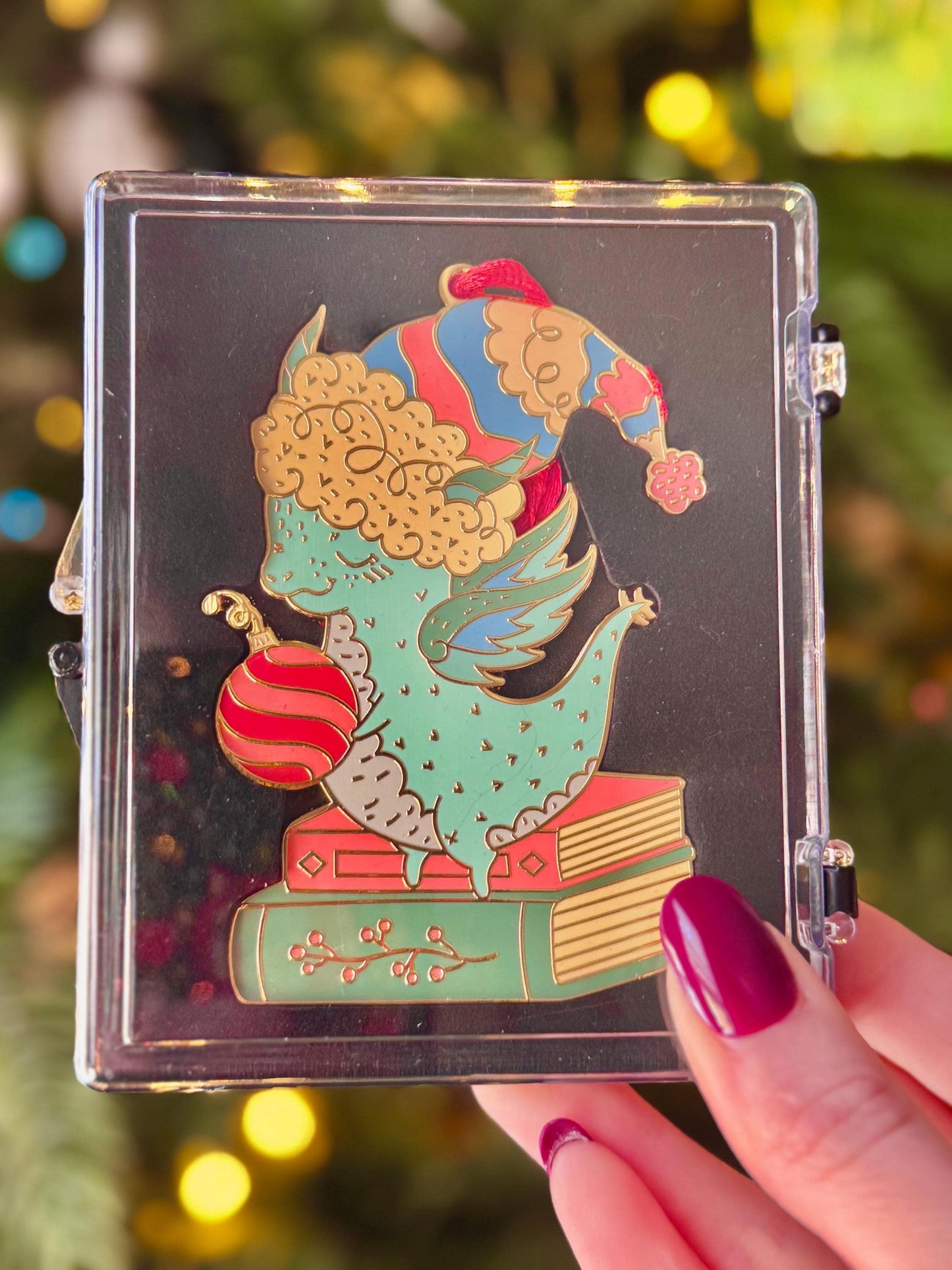 Bookish Dragon Christmas Tree Ornament, Gold Plated Enamel with gift box, Fantasy Reader Christmas Gifts, Holiday Stocking Stuffer