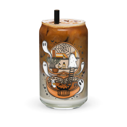 Haunted Library Spooky Ghost Iced Coffee Glass with lid and straw