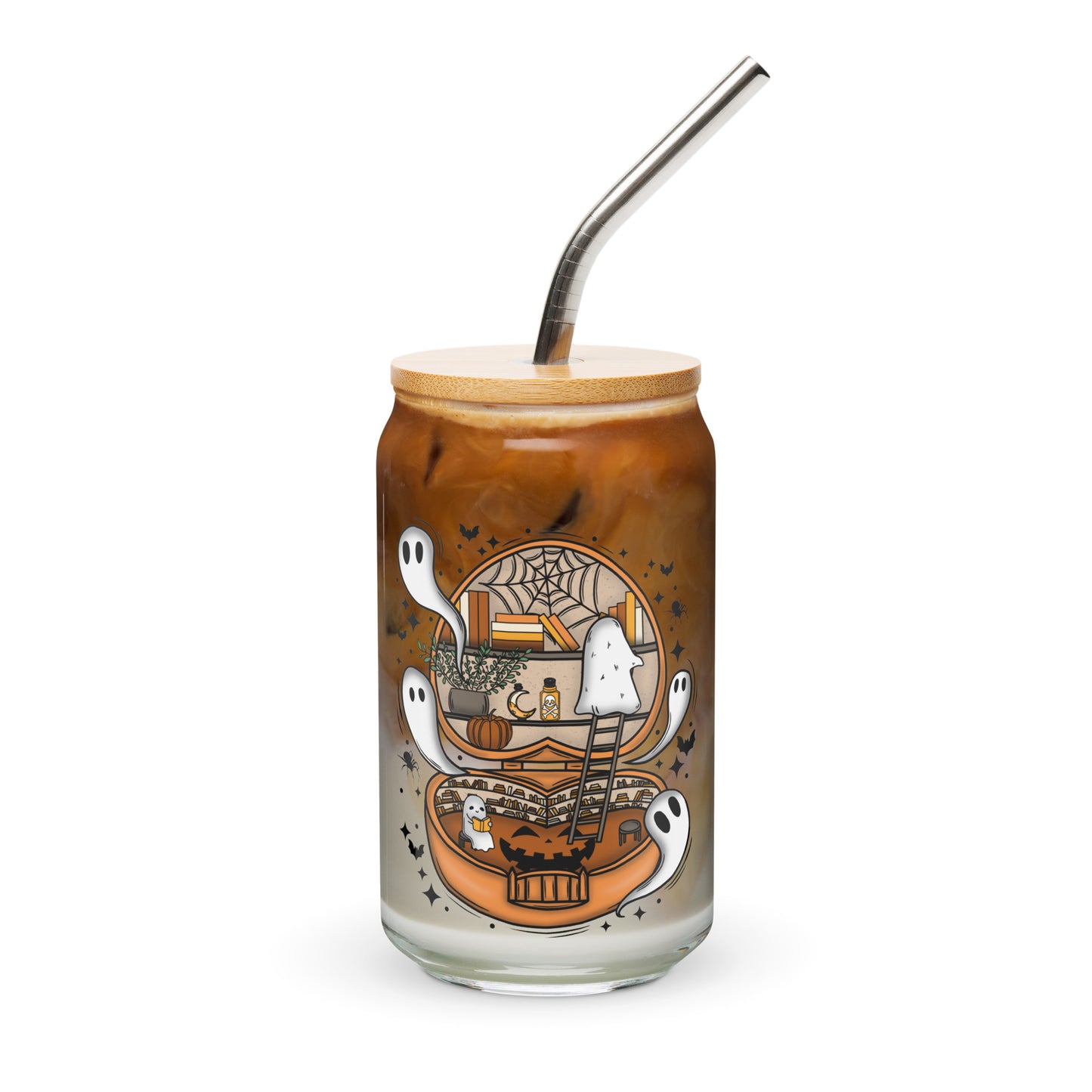 Haunted Library Spooky Ghost Iced Coffee Glass with lid and straw