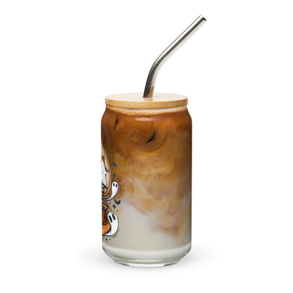 Haunted Library Spooky Ghost Iced Coffee Glass with lid and straw